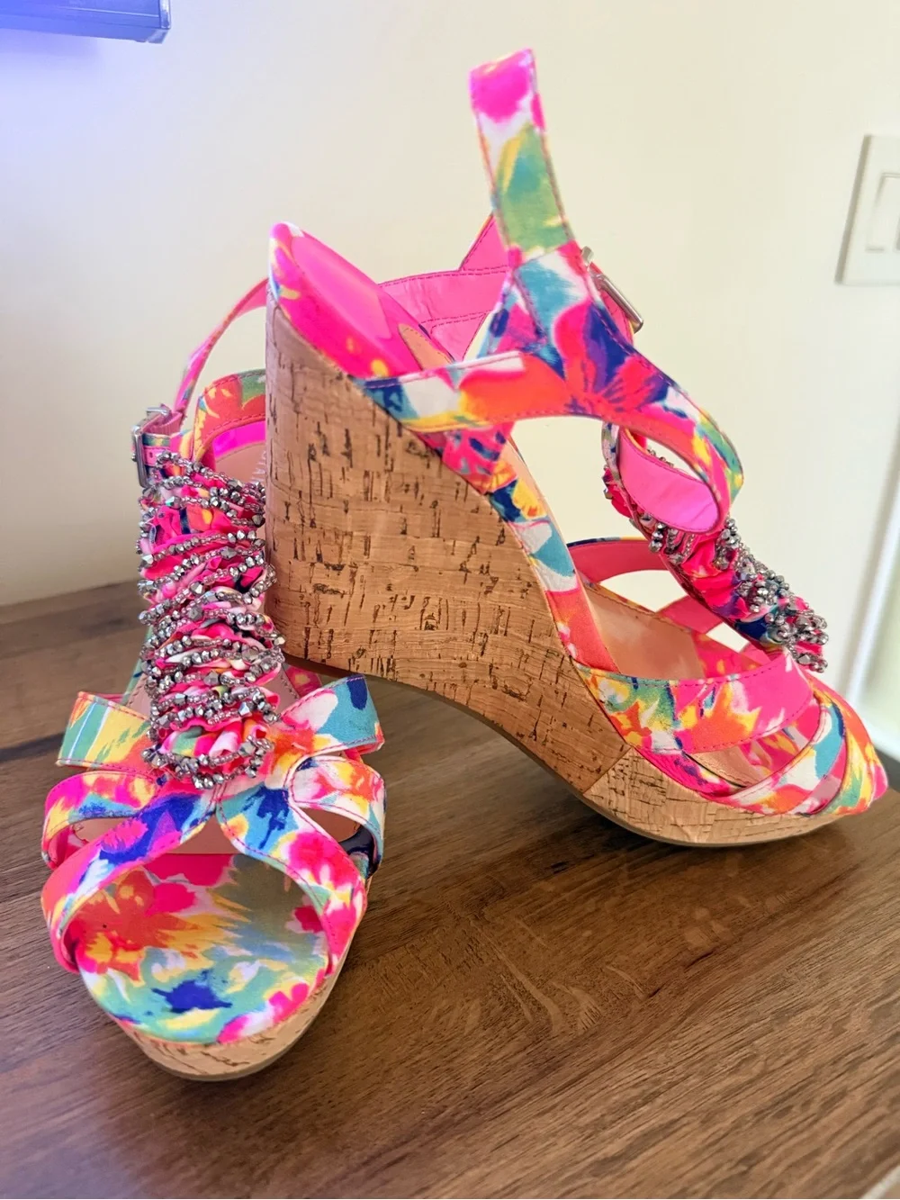 Gianni Bini Neon Pink Multi Floral Cork Wedge Sandals